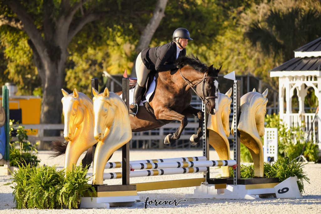 Rylen show jumping over a gold horse-head standard