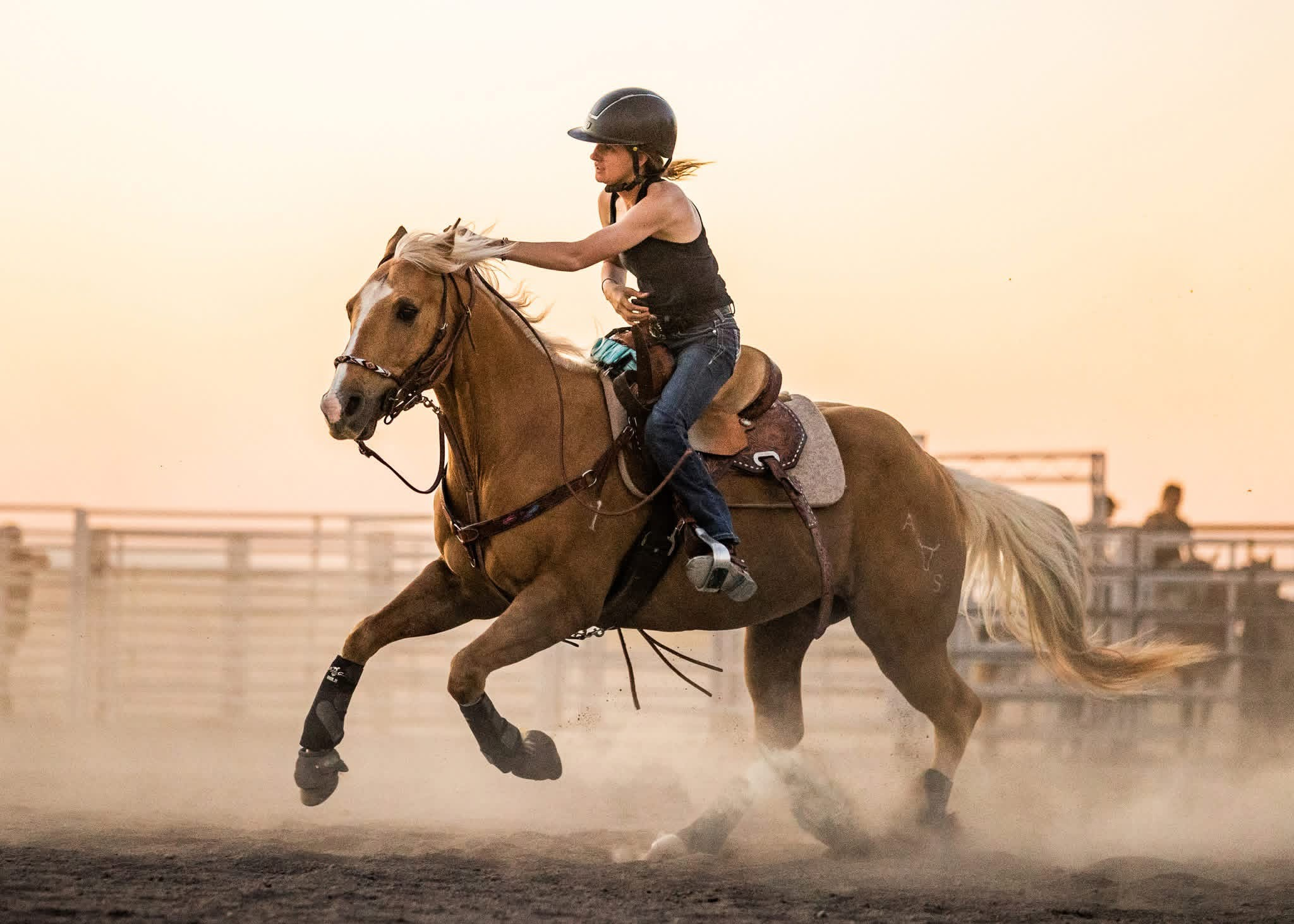 Rylen riding a palomino horse at a gallop